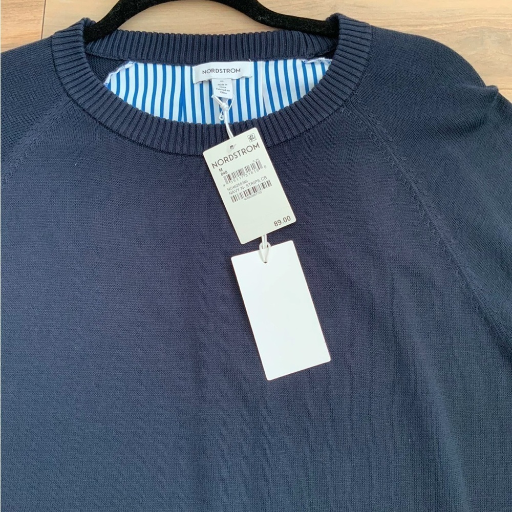 Nordstrom Round Neck Sweater with  Stripe Woven Underlayer - Picture 5 of 8